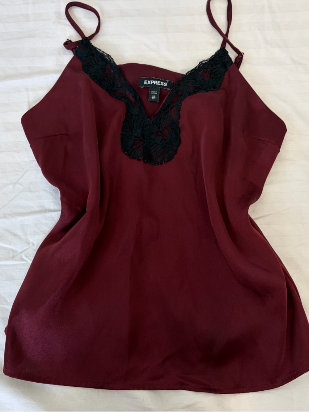 Express Wine Satin Cami with Black Lace Detail